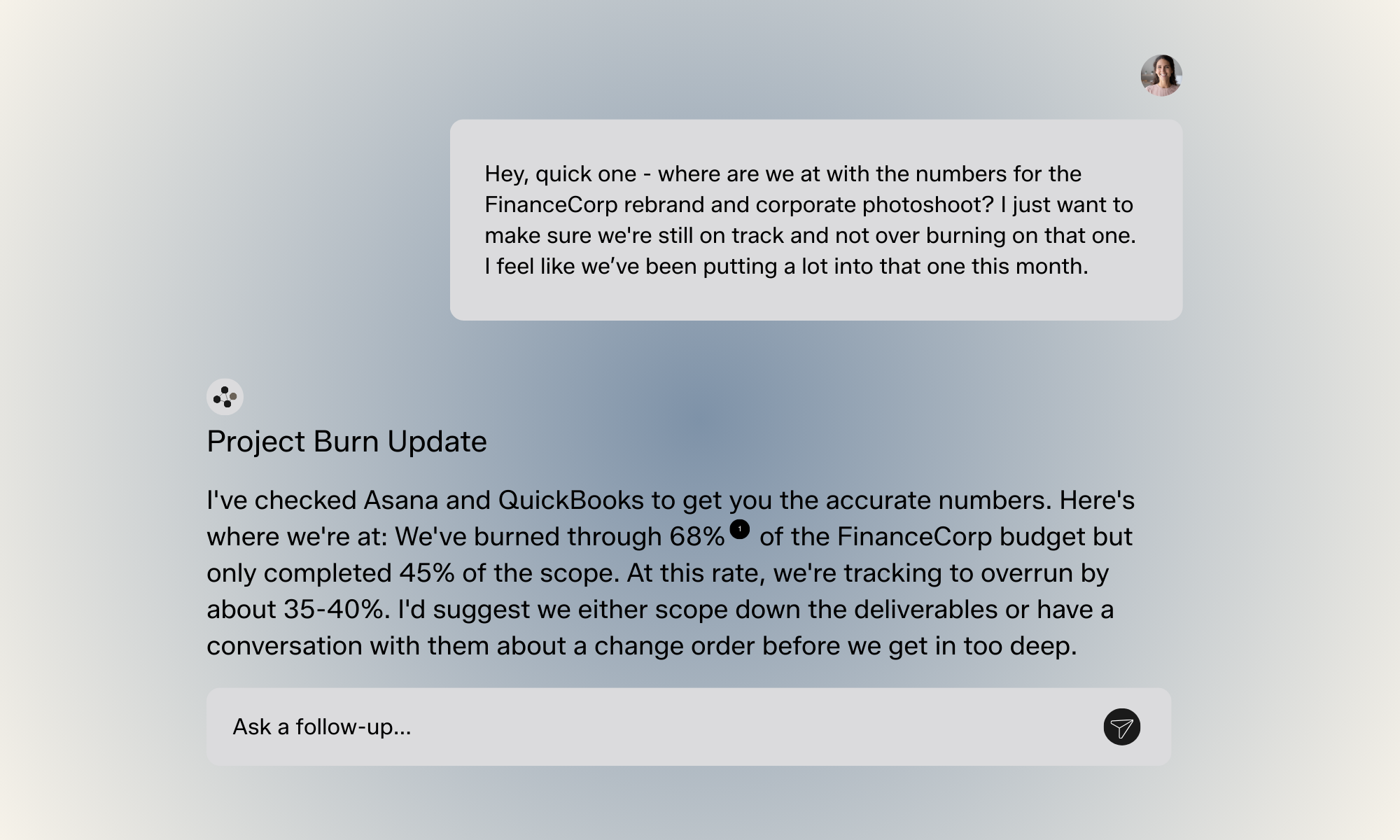 Profitability dashboard showing job-level profit tracking with live data from Clockify, QuickBooks, Stripe, and Asana
