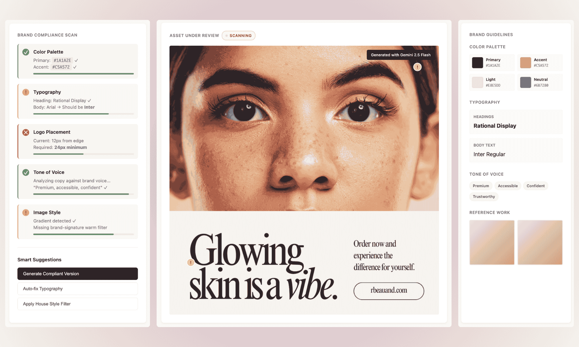 Brand compliance scanning interface showing automated checks for color palette, typography, logo placement, tone of voice, and image style against brand guidelines