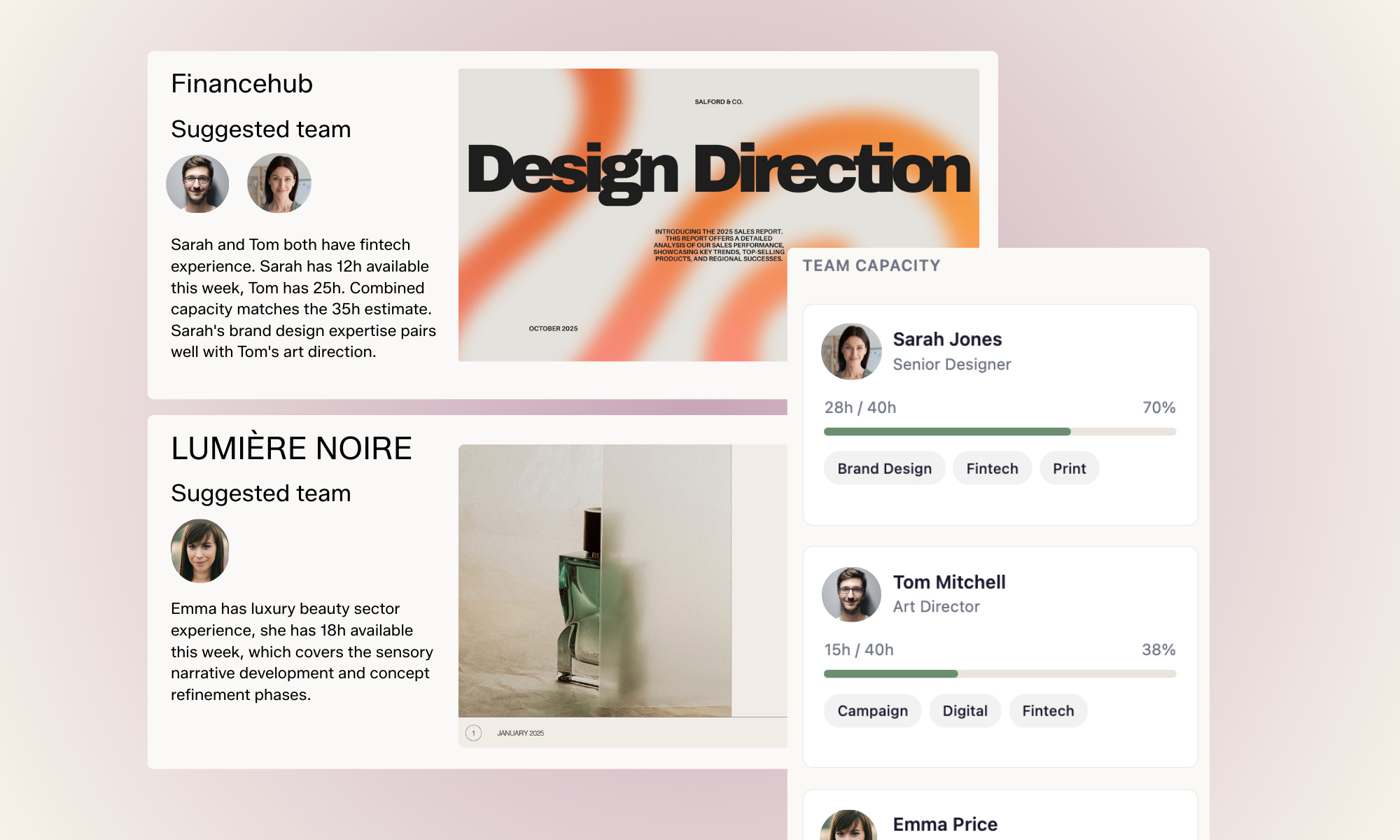 Resource allocation dashboard showing team capacity, AI assignment suggestions, and incoming briefs with intelligent matching