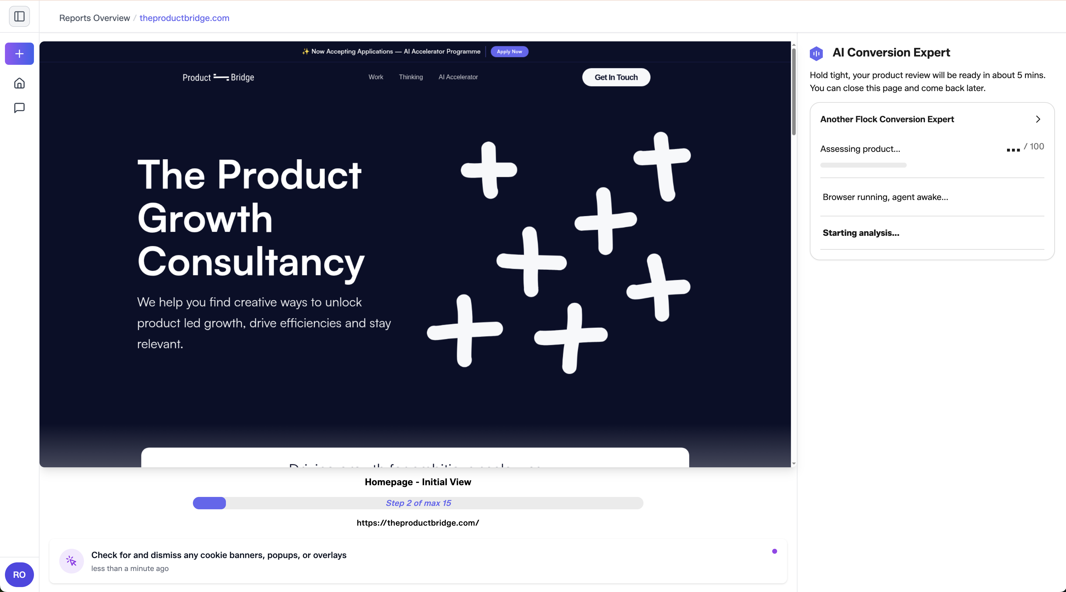 AI agent analyzing website with browser automation and step-by-step progress tracking