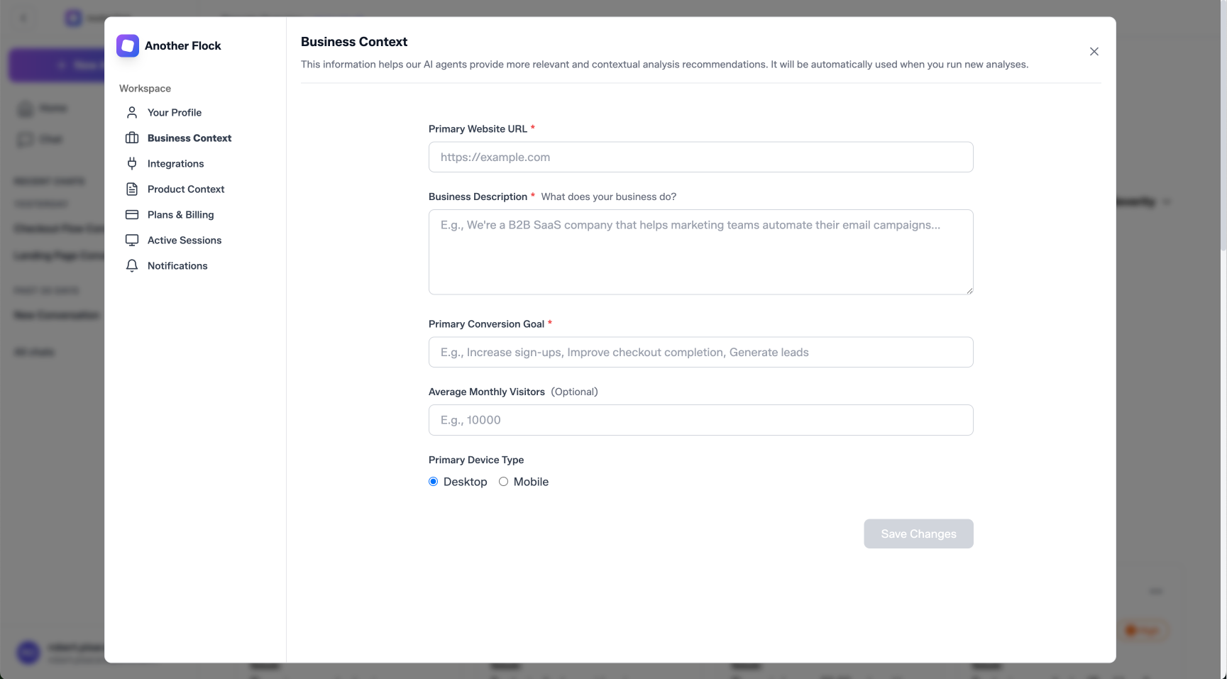 Interface showing business context input with organizational details and industry-specific insights