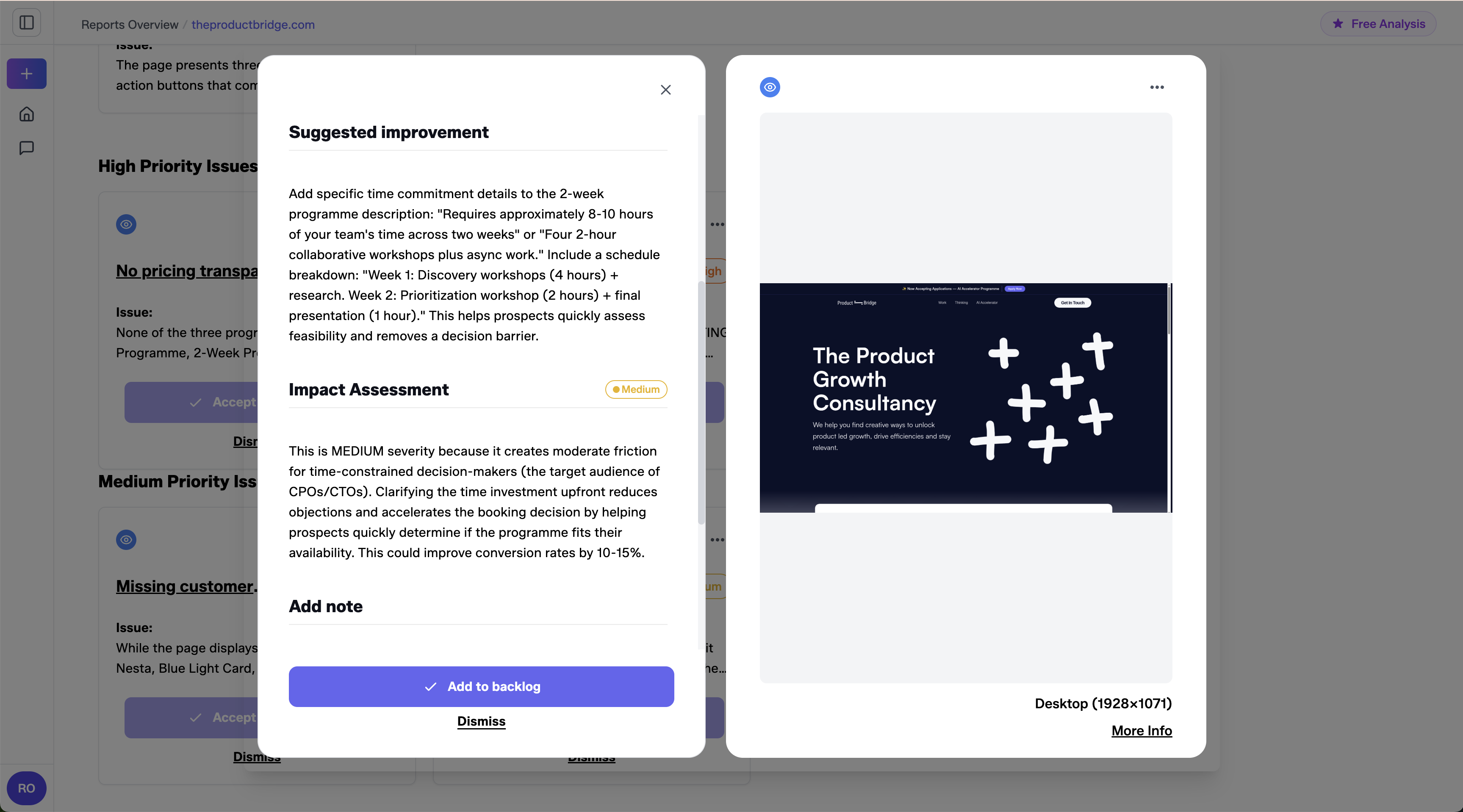 Issue detail modal showing title, description, suggested fix, screenshot, and generated code prompt